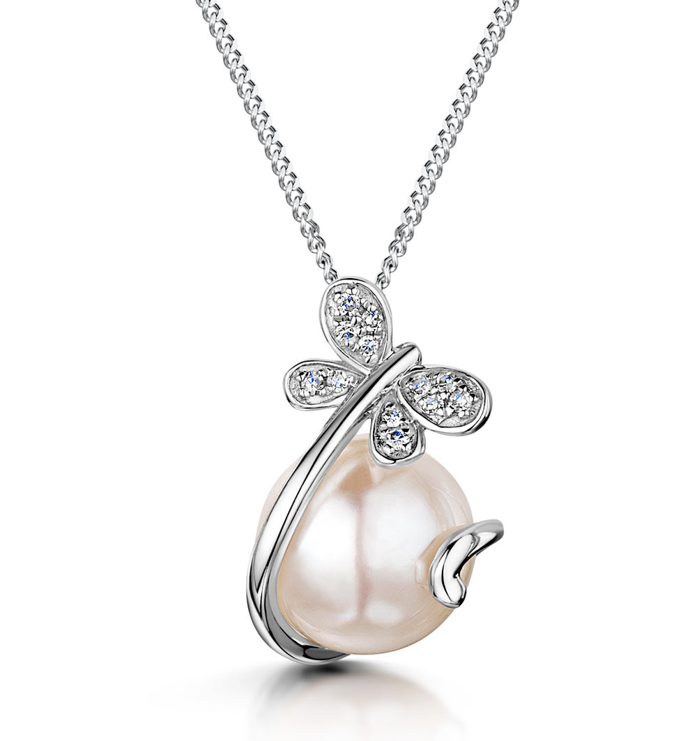 Button Pearl Stellato Pendant Necklace 9K White Gold