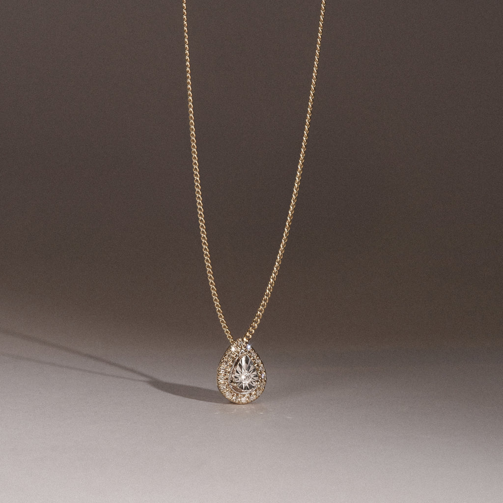 Masami Diamond Pear Halo Necklace 0.10ct Pave Set in 9K Yellow Gold