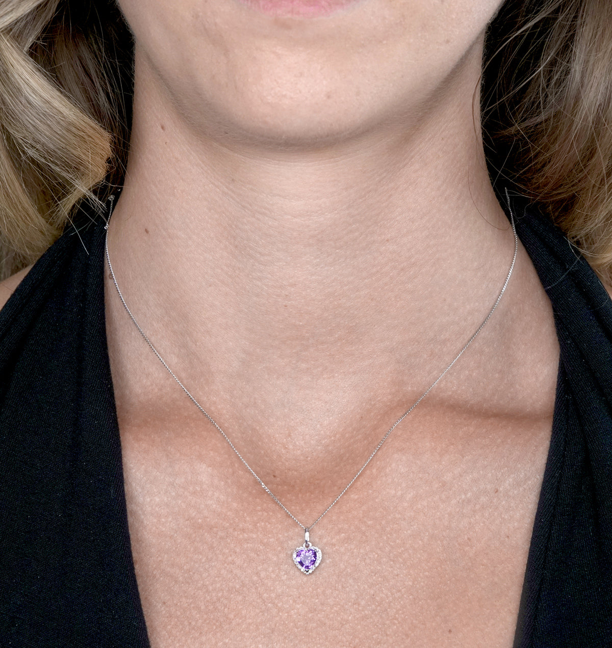Stellato Amethyst and Diamond Heart Necklace in 9K White Gold