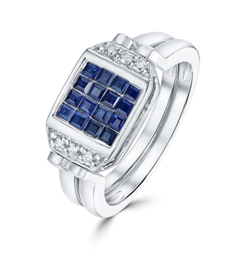 9K White Gold Diamond and Sapphire Reversable Ring - SIZE L