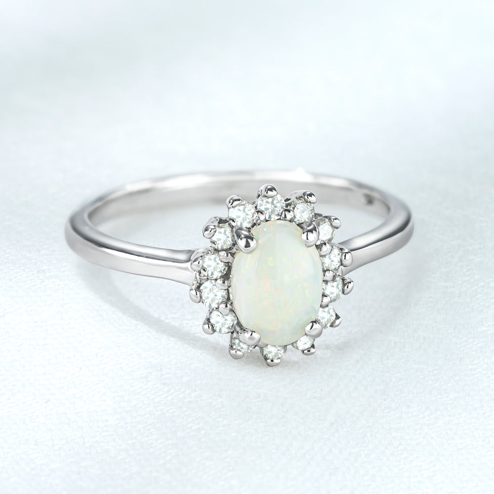 Opal 7 x 5mm And Diamond 925 Sterling Silver Ring