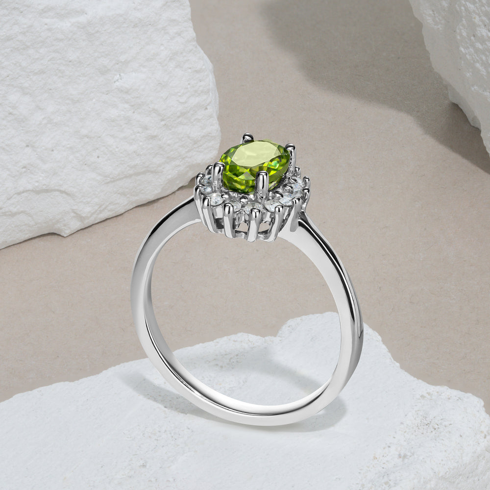 Peridot 7 x 5mm And Diamond 925 Sterling Silver Ring