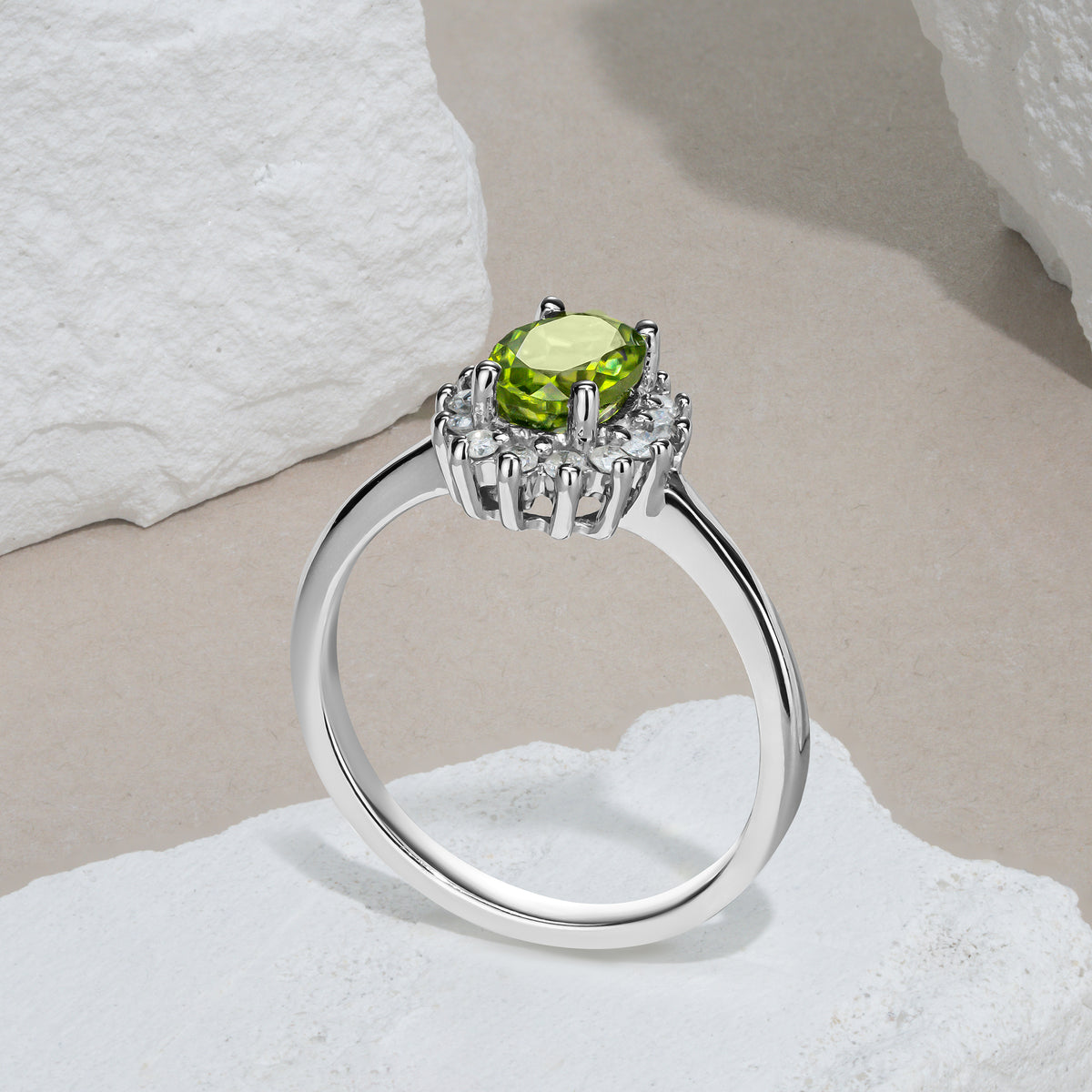 Peridot 7 x 5mm And Diamond 925 Sterling Silver Ring