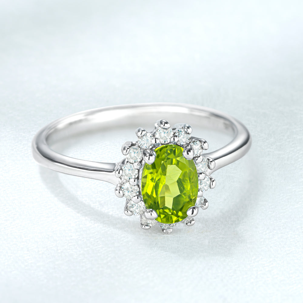 Peridot 7 x 5mm And Diamond 925 Sterling Silver Ring