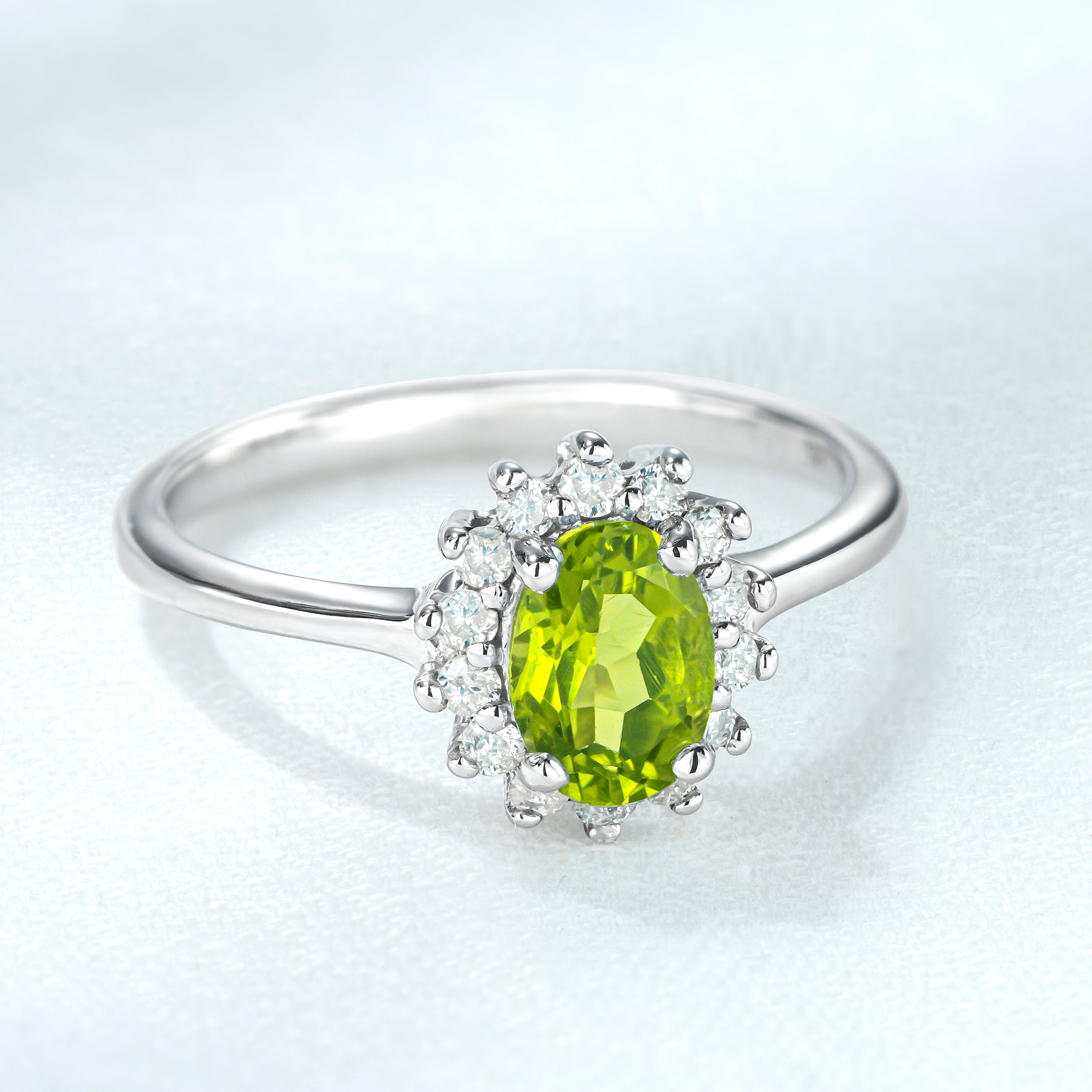 Peridot 7 x 5mm And Diamond 925 Sterling Silver Ring