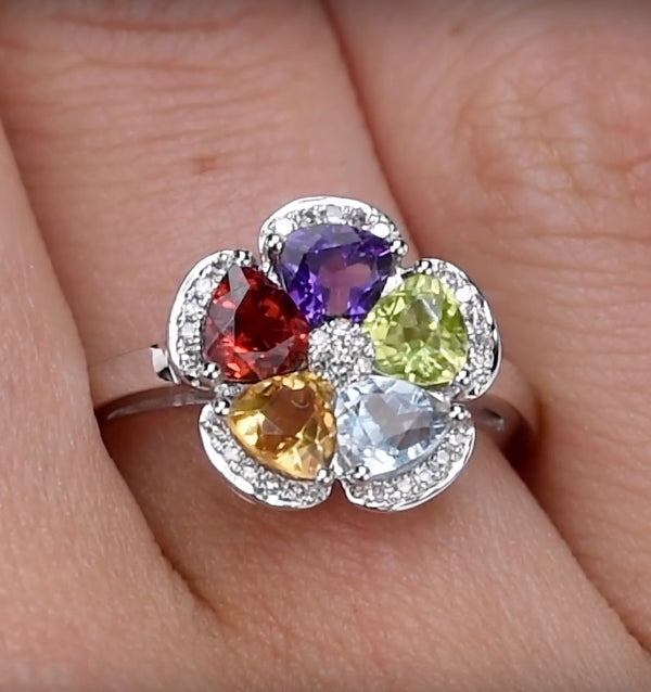 Multi Gem Flower Design Stellato Collection Ring In 9K White Gold