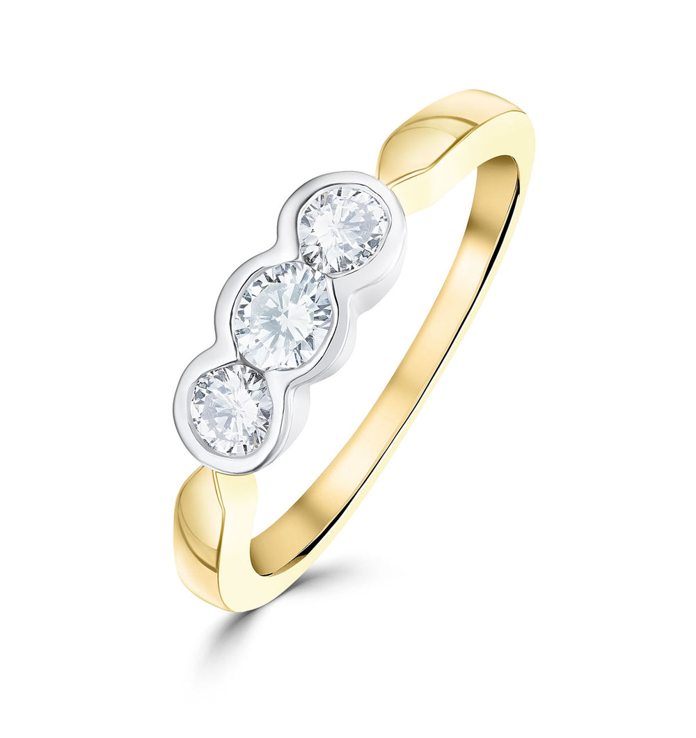 18K Gold Three Stone Diamond Rubover Ring 0.50ct - SIZE M