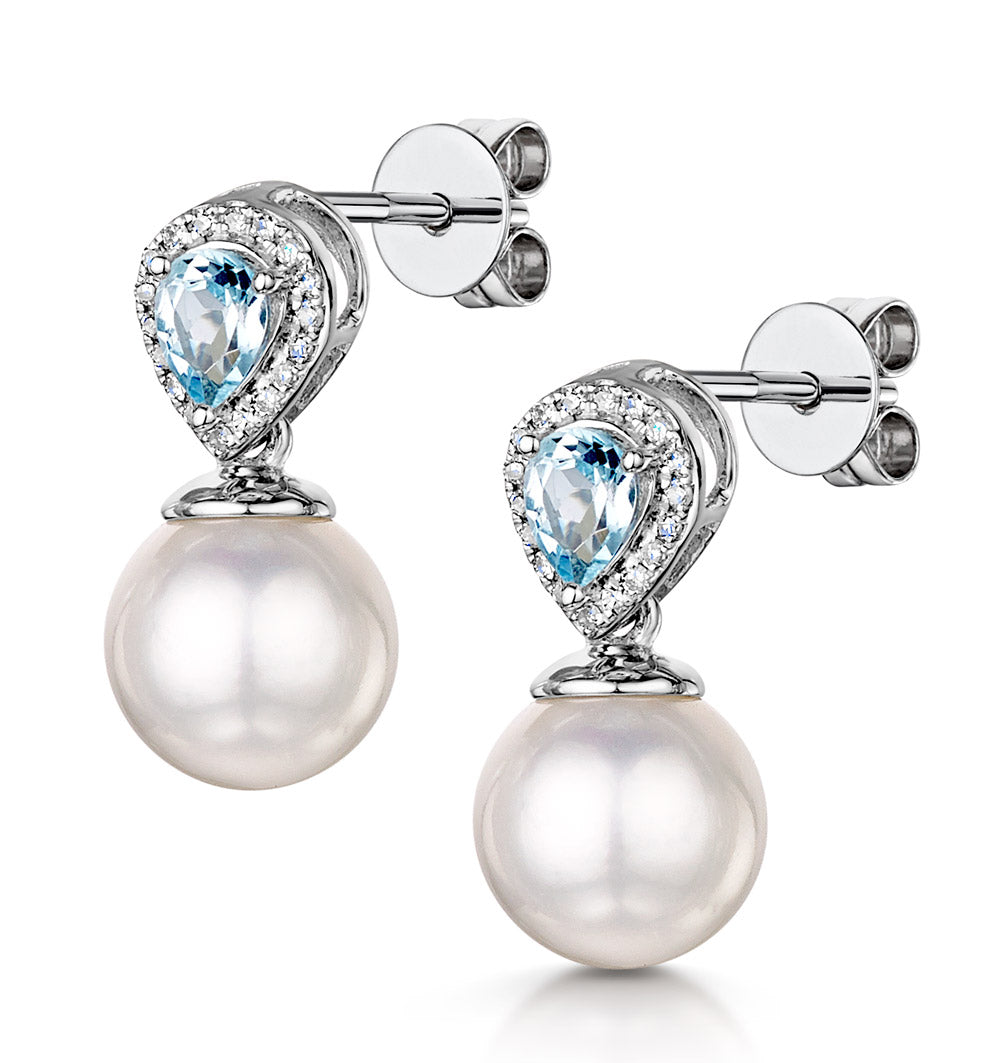 7.5mm Pearl Blue Topaz and Diamond Stellato Earrings in 9K White Gold