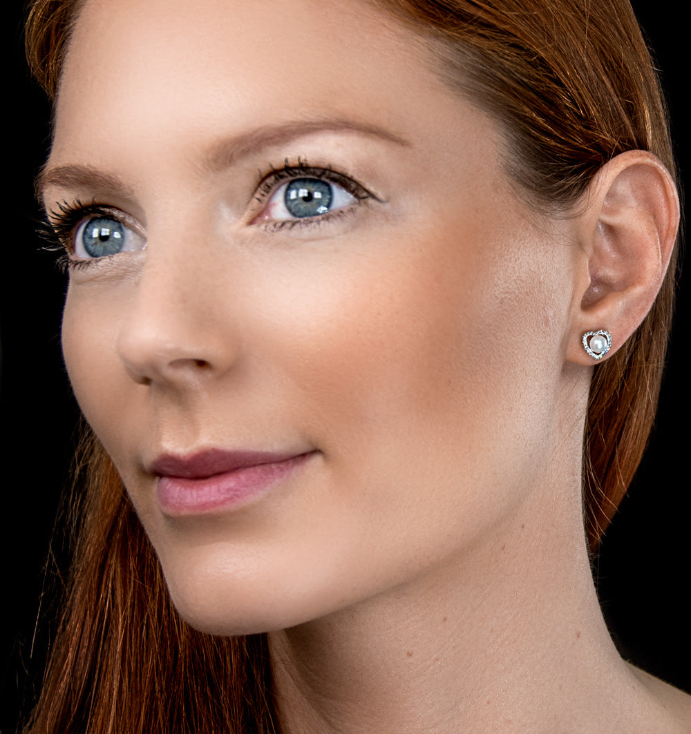 Stellato Collection Pearl and Diamond Heart Earrings in 9K White Gold