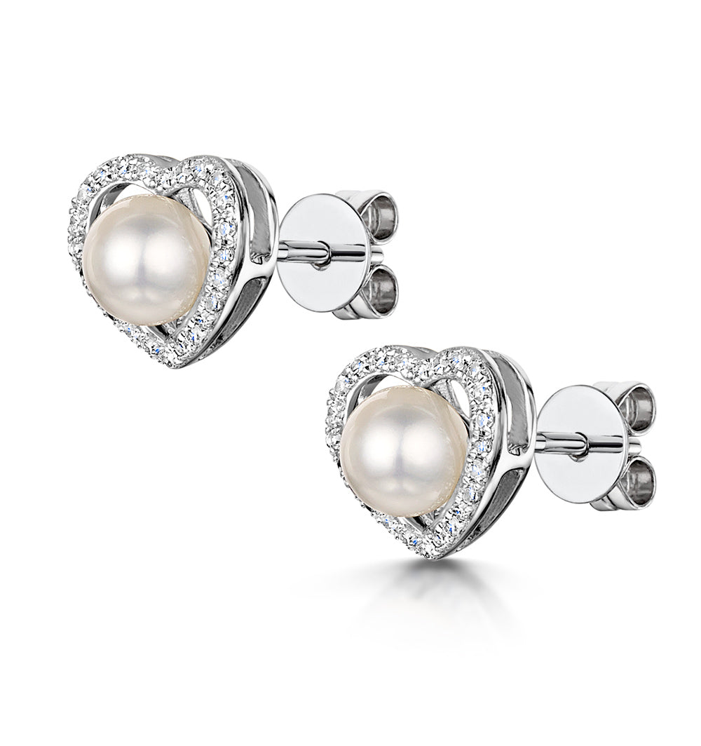 Stellato Collection Pearl and Diamond Heart Earrings in 9K White Gold