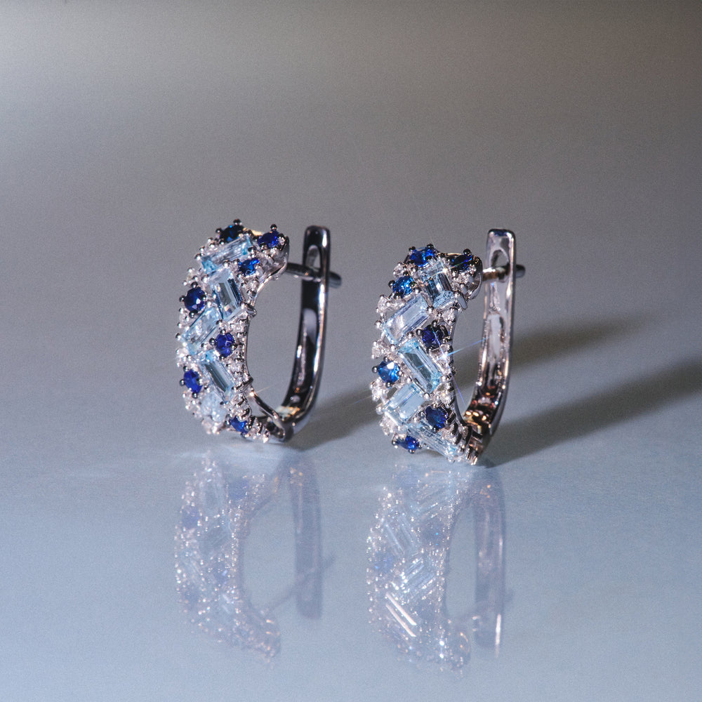 Blue Topaz Sapphire and Diamond Stellato Earrings in 9K White Gold