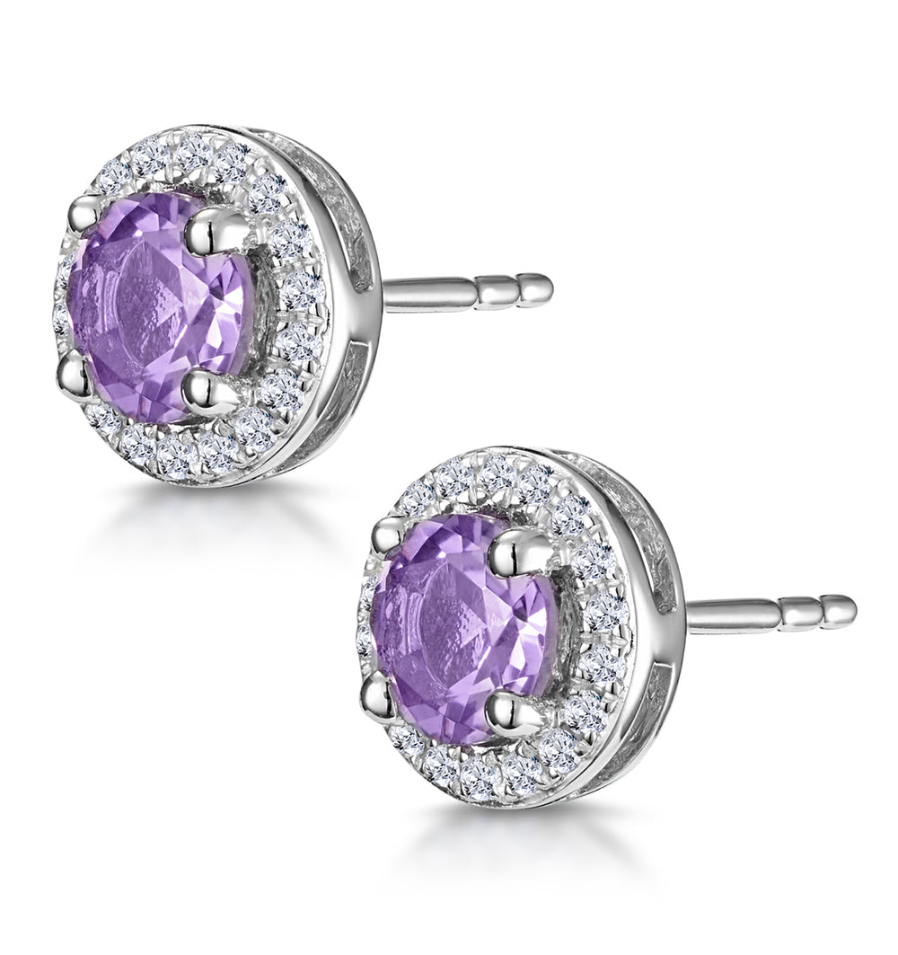 0.64ct Amethyst and Diamond Halo Stellato Earrings in 9K White Gold