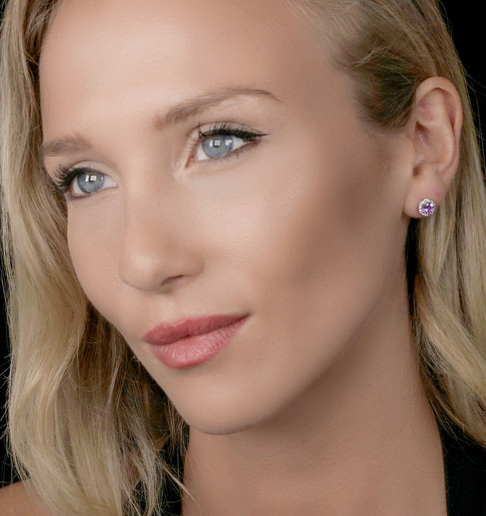 0.64ct Amethyst and Diamond Halo Stellato Earrings in 9K White Gold