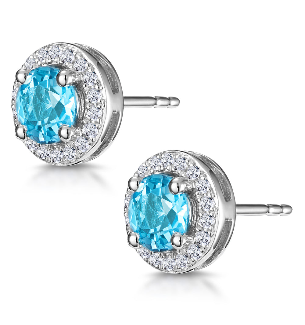 Swiss Blue Topaz and Diamond Halo Stellato Earrings in 9K White Gold