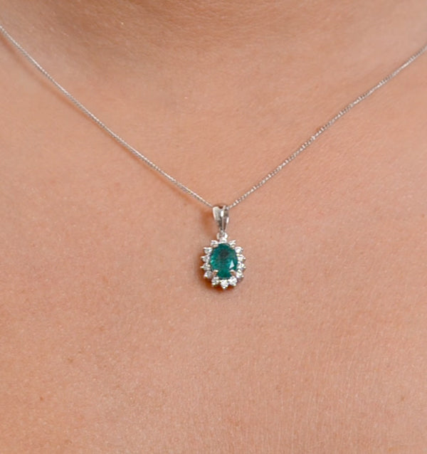 Emerald 0.80CT And Diamond 18K White Gold Pendant Necklace