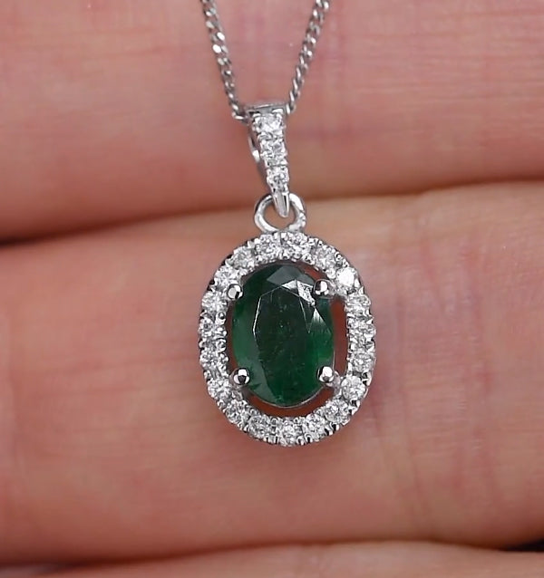 Emerald 0.70CT And Diamond 18K White Gold Pendant Necklace