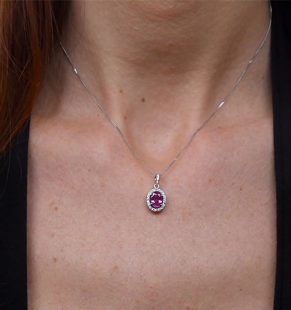 Pink Sapphire 7 X 5mm and Diamond 18K White Gold Pendant Necklace