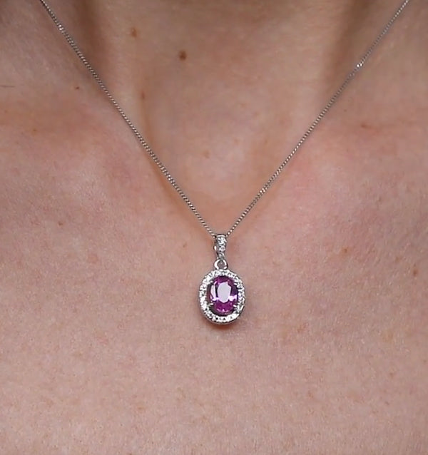 Pink Sapphire 7 X 5mm and Diamond 18K White Gold Pendant Necklace