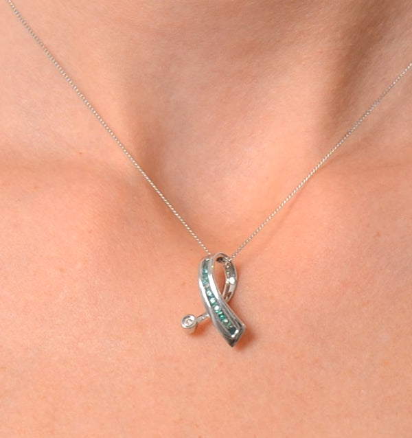 Emerald 0.22CT And Diamond 9K White Gold Ribbon Pendant Necklace