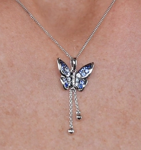 Stellato Sapphire Diamond Butterfly Pendant Necklace 9K White Gold