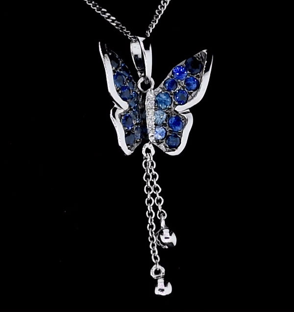 Stellato Sapphire Diamond Butterfly Pendant Necklace 9K White Gold