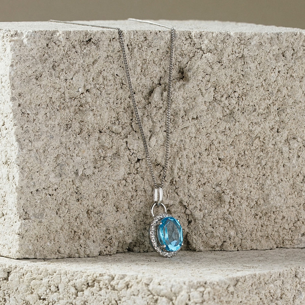 Blue Topaz 2.96CT And Diamond 9K White Gold Pendant Necklace