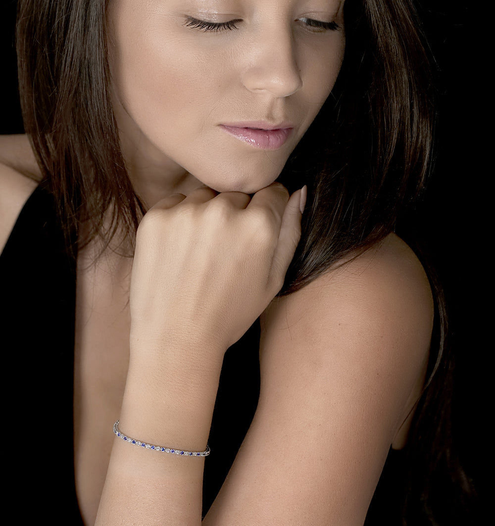 Blue Sapphire and 1ct Lab Diamond Tennis Bracelet in 9K White Gold