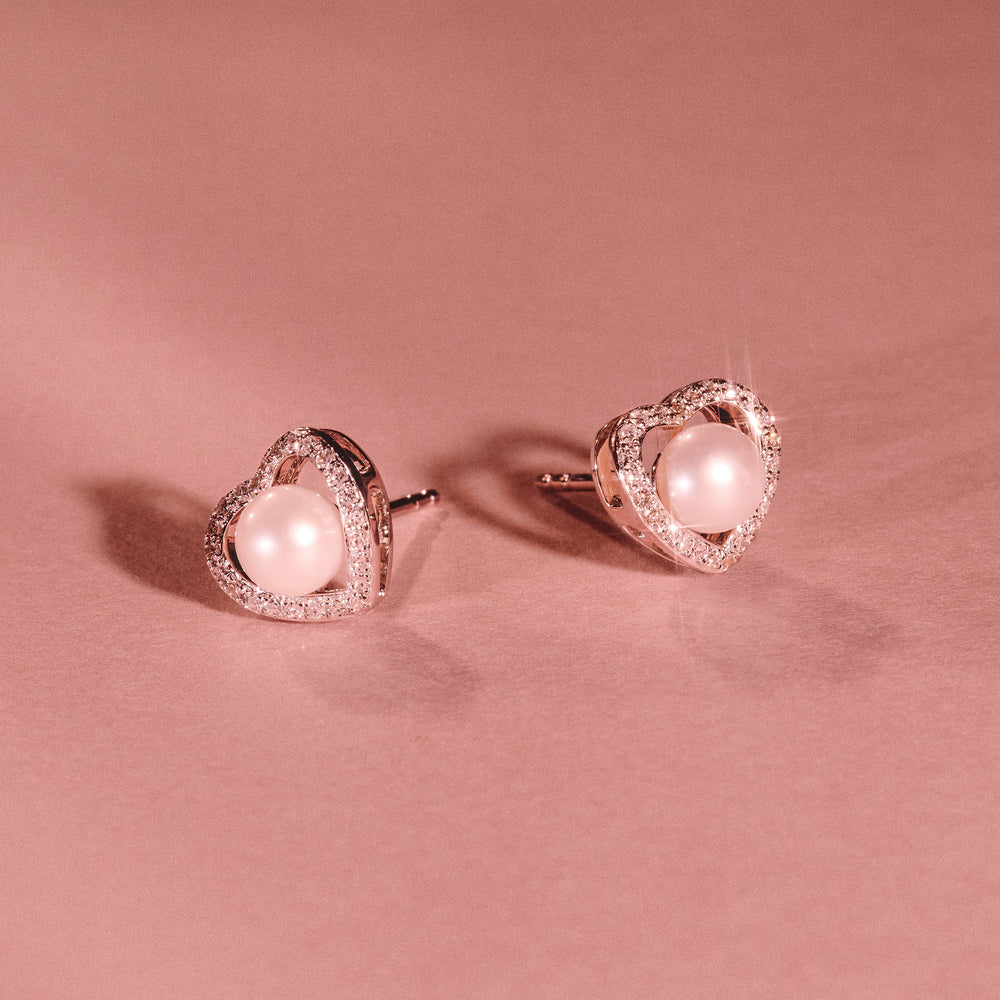 Stellato Collection Pearl and Diamond Heart Earrings in 9K White Gold