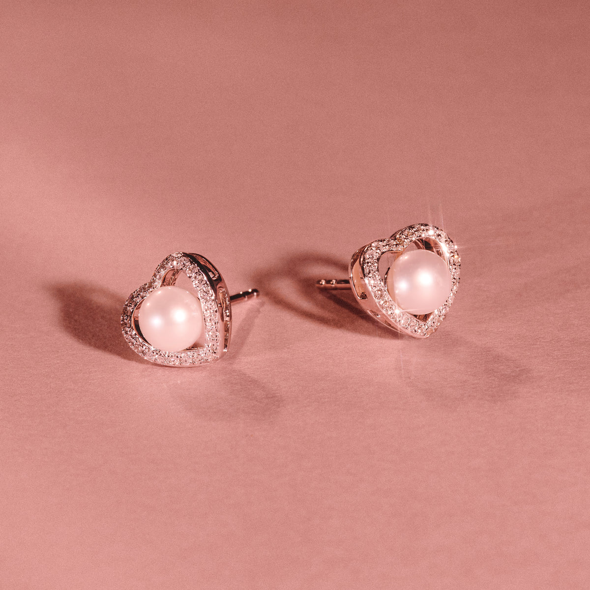 Stellato Collection Pearl and Diamond Heart Earrings in 9K White Gold