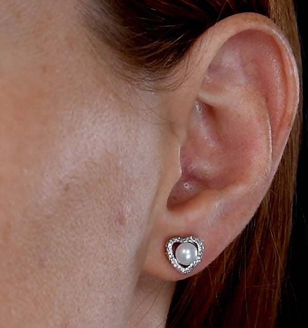 Stellato Collection Pearl and Diamond Heart Earrings in 9K White Gold