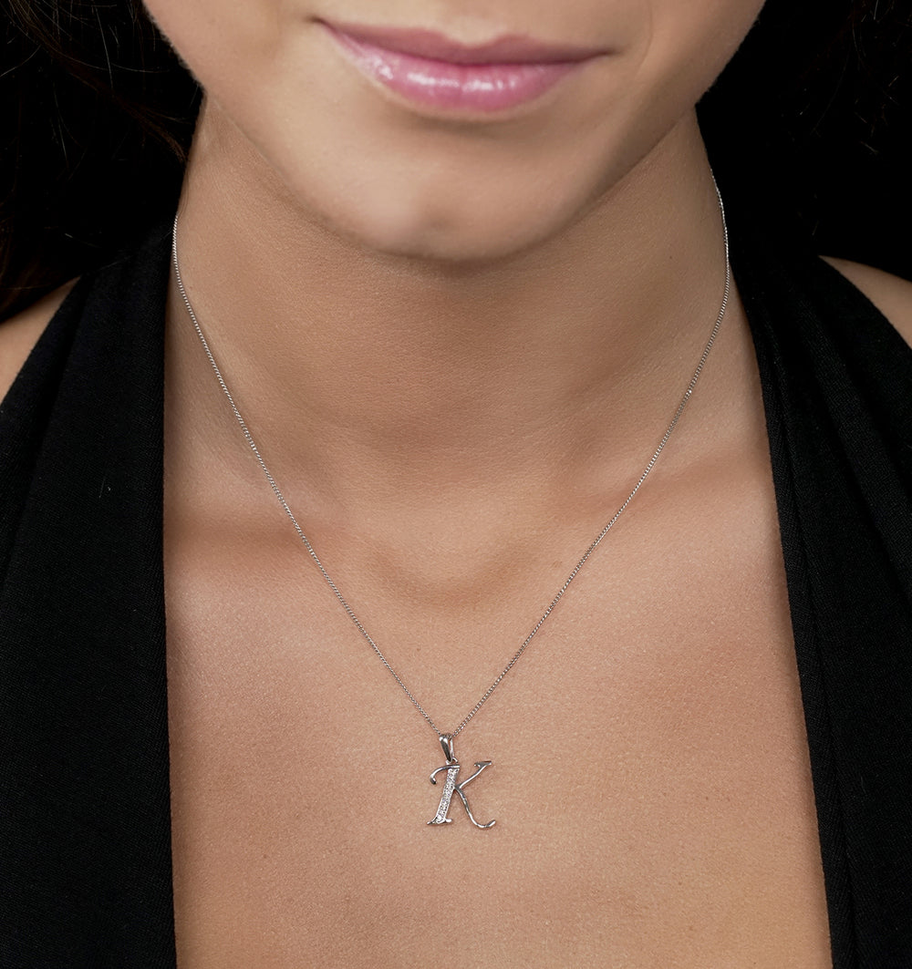 9K White Gold Diamond Initial 'K' Necklace 0.05ct