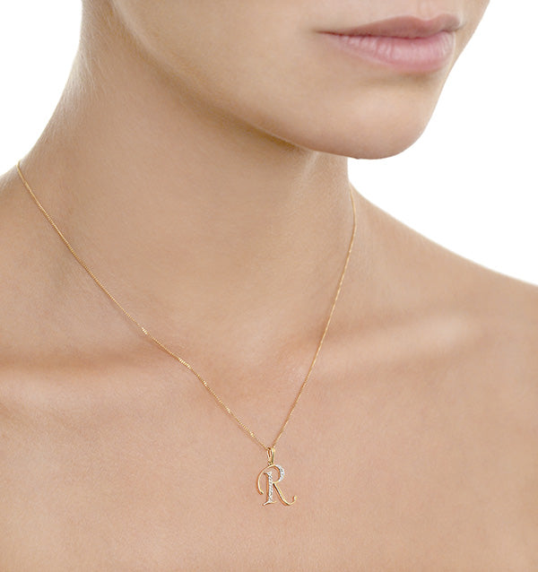 Initial 'R' 0.05ct Lab Diamond Pendant Necklace in 18K Gold Vermeil