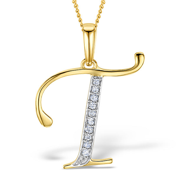 Initial 'T' 0.05ct Lab Diamond Pendant Necklace in 18K Gold Vermeil