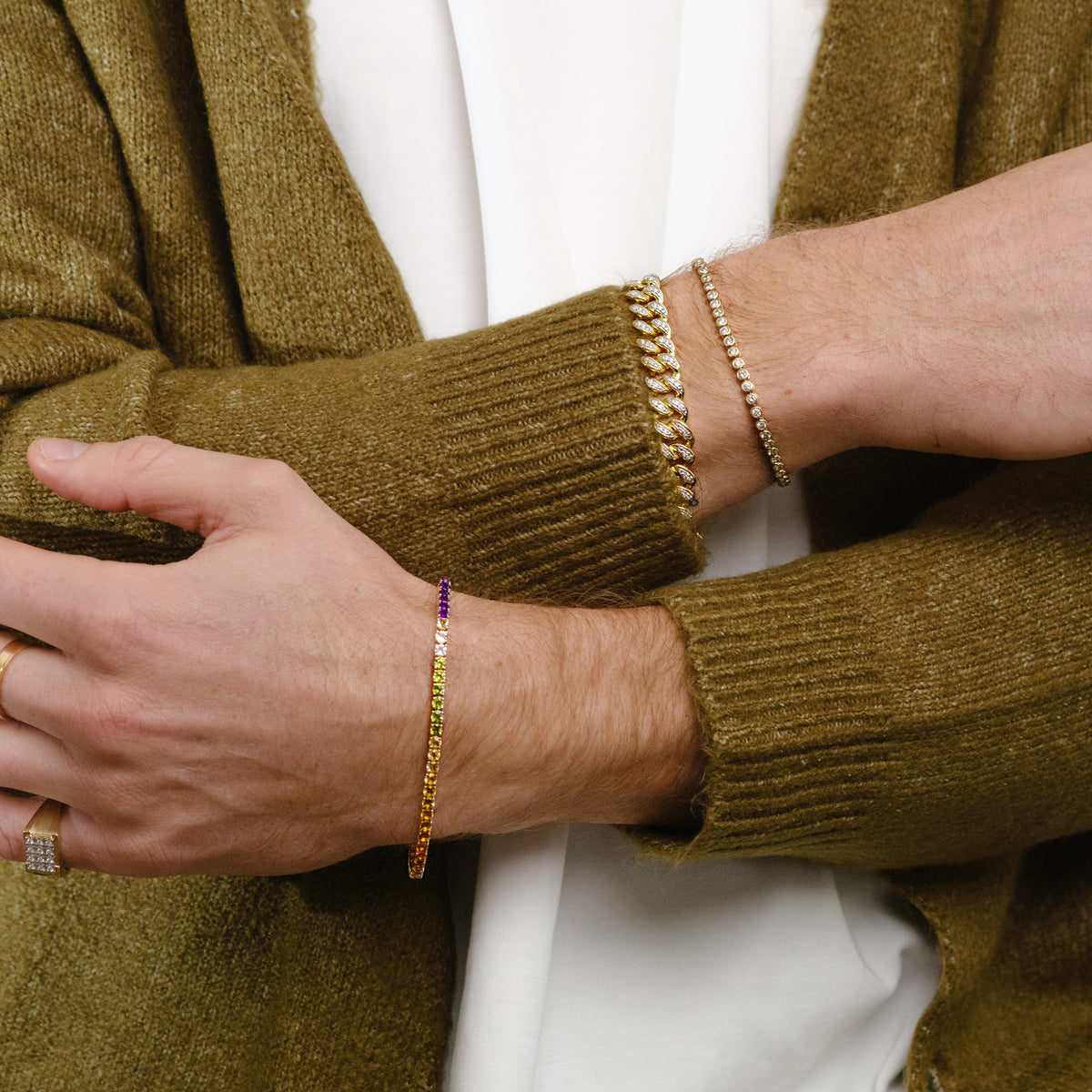 Mens Rainbow Gem Stones Bracelet 10ct Set in 9K Yellow Gold