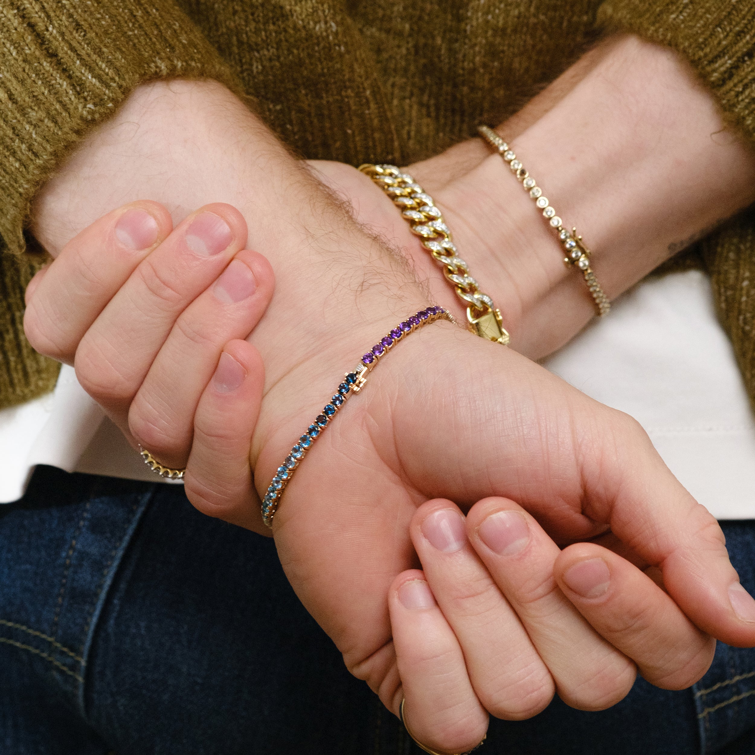 Mens Rainbow Gem Stones Bracelet 10ct Set in 9K Yellow Gold