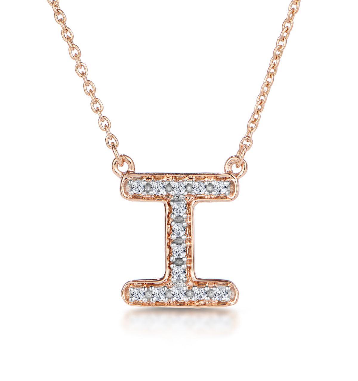 Initial 'I' Necklace Diamond Encrusted Pave Set in 9K Rose Gold
