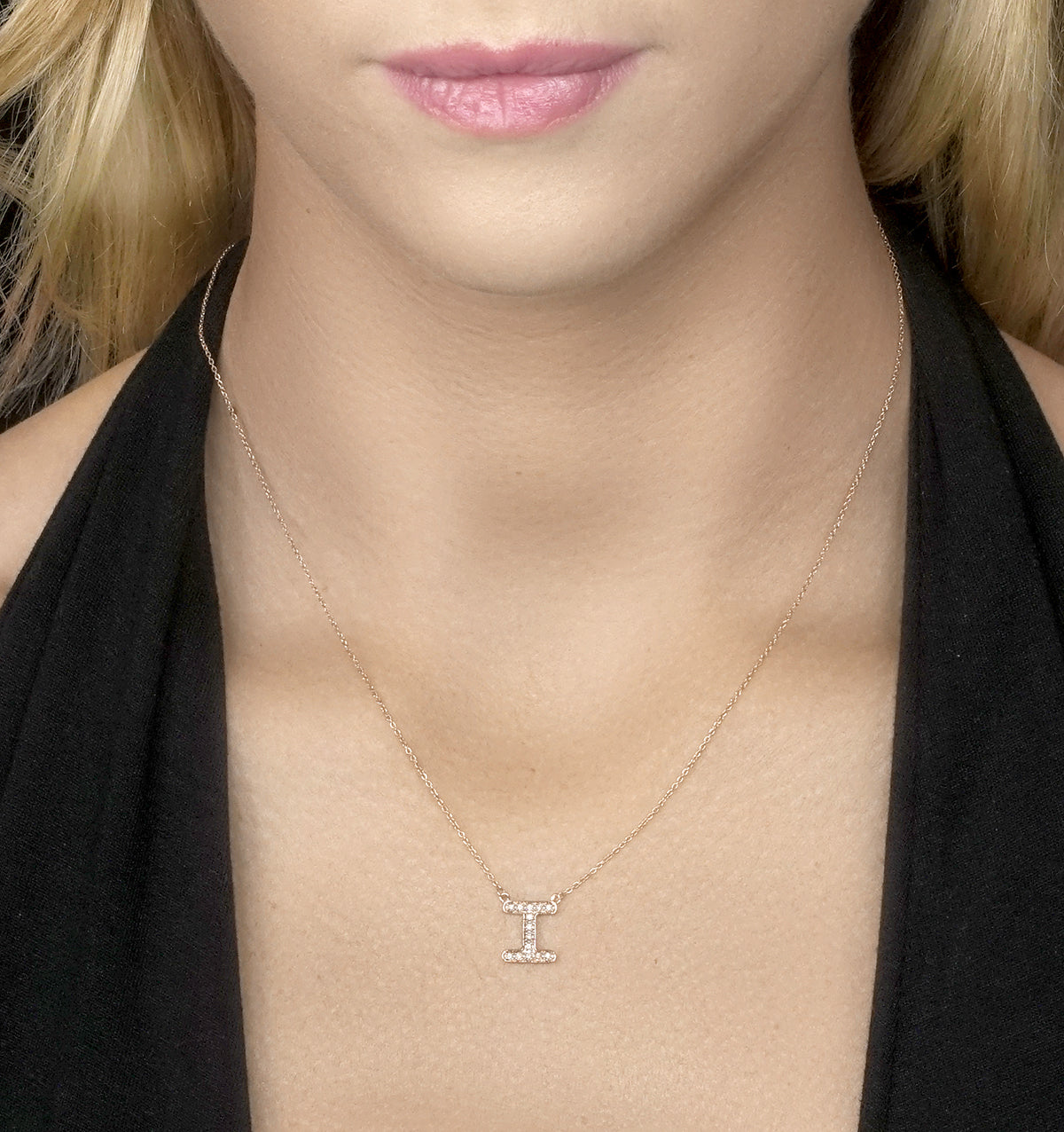 Initial 'I' Necklace Diamond Encrusted Pave Set in 9K Rose Gold