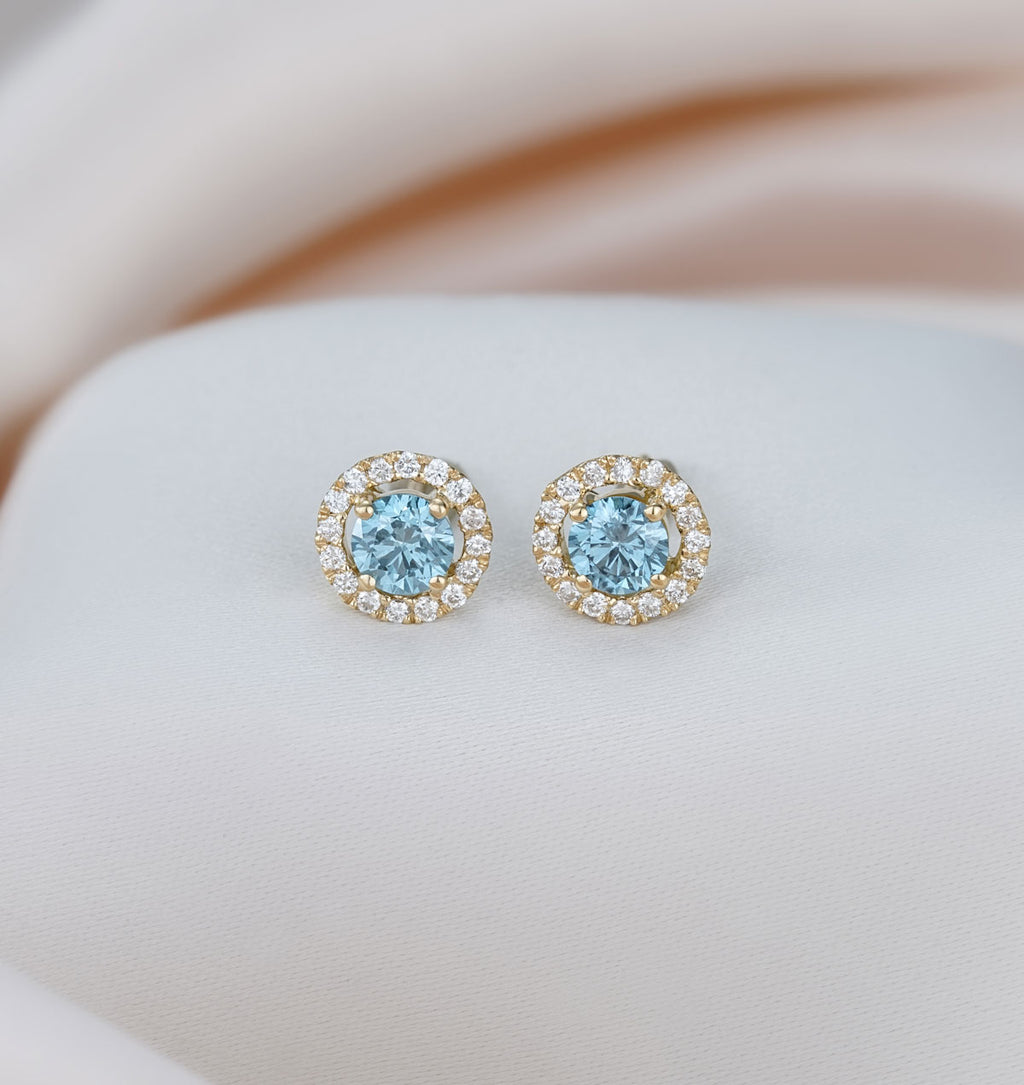 Ella Blue Lab Diamond 1.34ct Halo Earrings in 18K Yellow Gold - Elara Collection