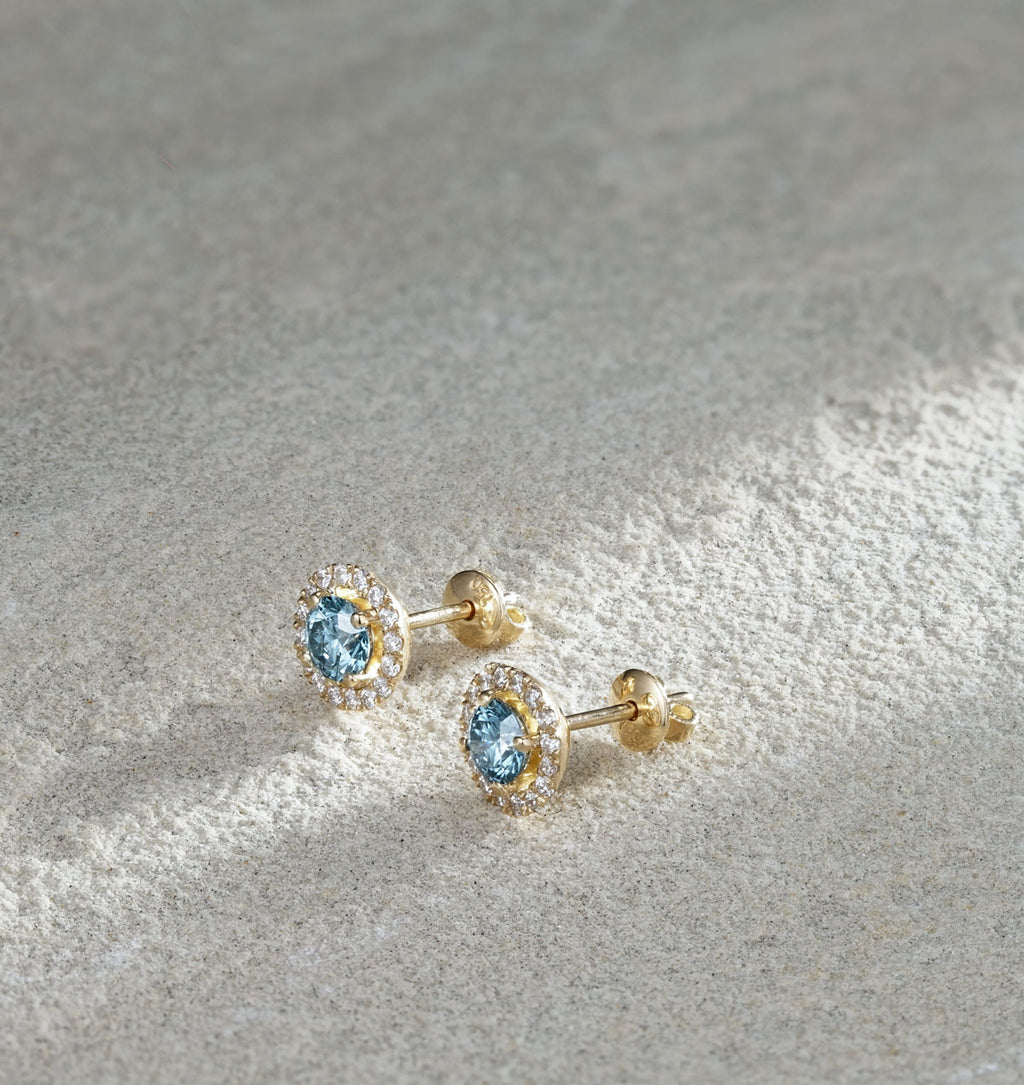 Ella Blue Lab Diamond 1.34ct Halo Earrings in 18K Yellow Gold - Elara Collection