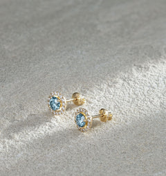 Ella Blue Lab Diamond 1.34ct Halo Earrings in 18K Yellow Gold - Elara Collection