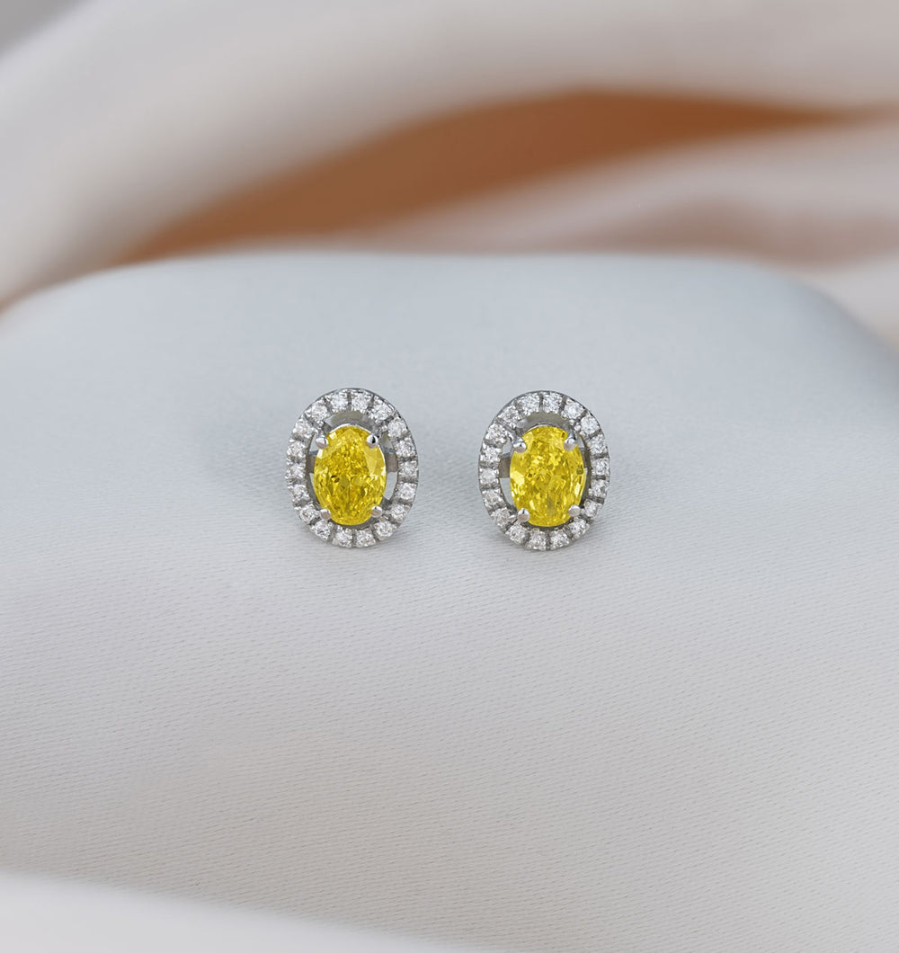Georgina Yellow Lab Diamond 1.34ct Oval Halo Earrings in 18K White Gold - Elara Collection