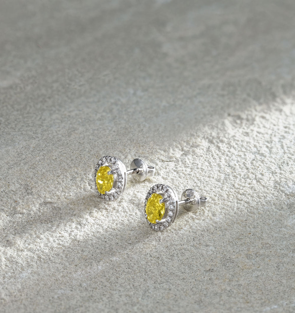 Georgina Yellow Lab Diamond 1.34ct Oval Halo Earrings in 18K White Gold - Elara Collection