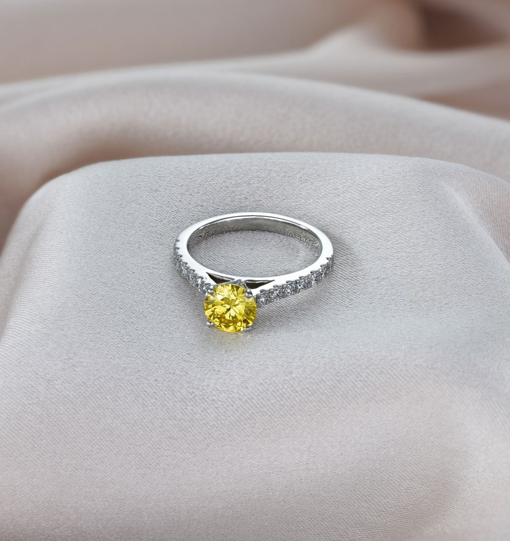 Natalia Yellow Lab Diamond 1.50ct Side Stone Ring in Platinum - Elara Collection
