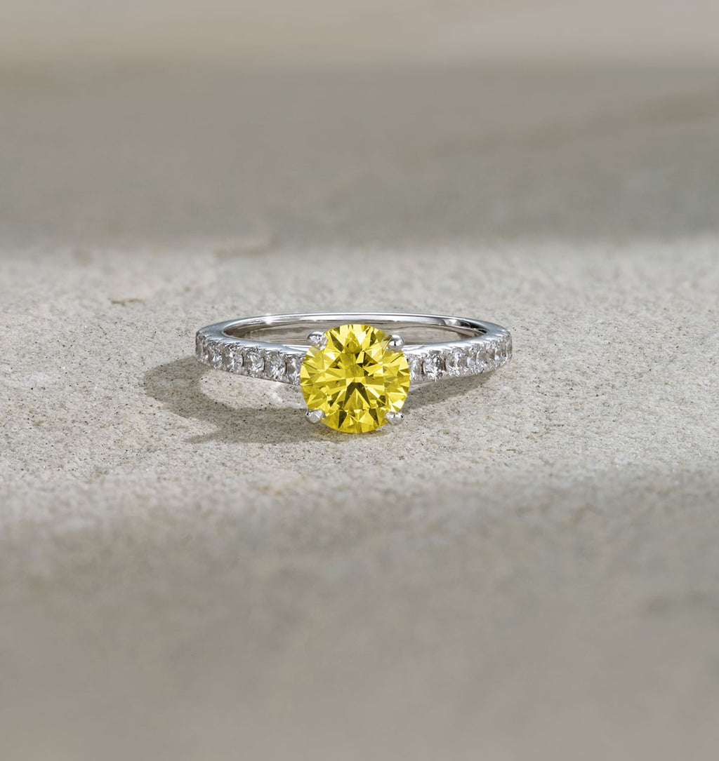 Natalia Yellow Lab Diamond 1.50ct Side Stone Ring in 18K White Gold - Elara Collection
