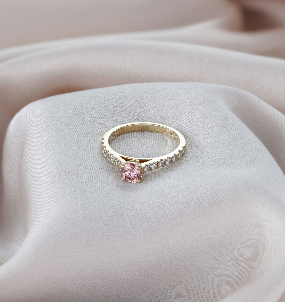 Natalia Pink Lab Diamond 0.91ct Side Stone Ring in 18K Yellow Gold - Elara Collection