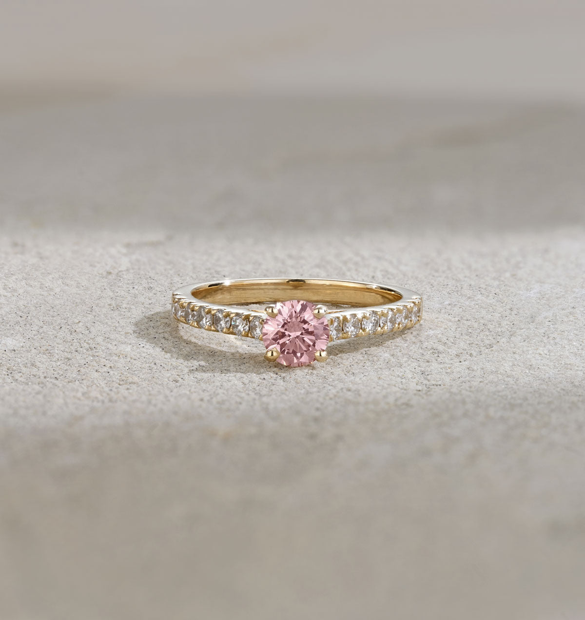 Natalia Pink Lab Diamond 0.91ct Side Stone Ring in 18K Yellow Gold - Elara Collection