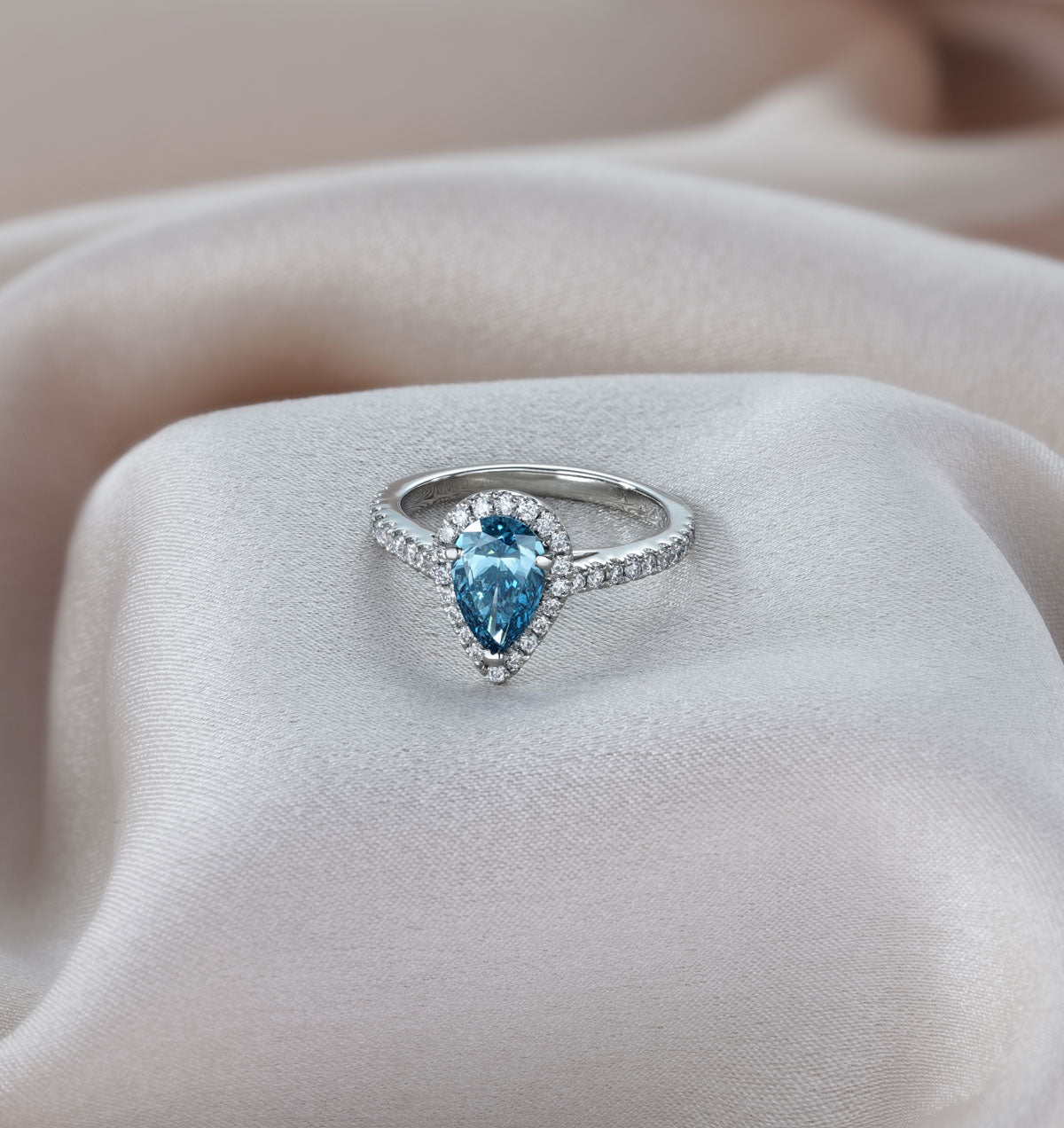 Diana Blue Lab Diamond Pear Halo Ring 1.60ct in Platinum - Elara Collection