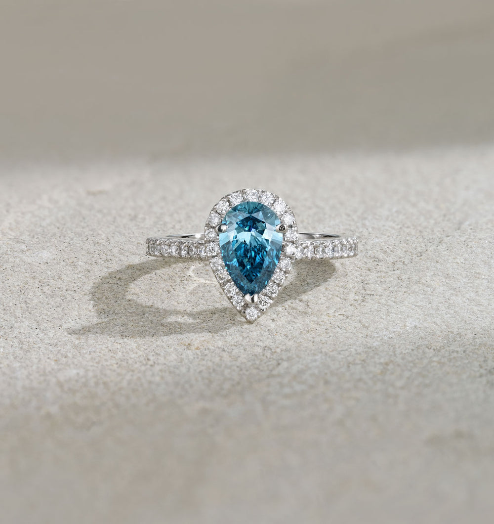 Diana Blue Lab Diamond Pear Halo Ring 1.60ct in Platinum - Elara Collection