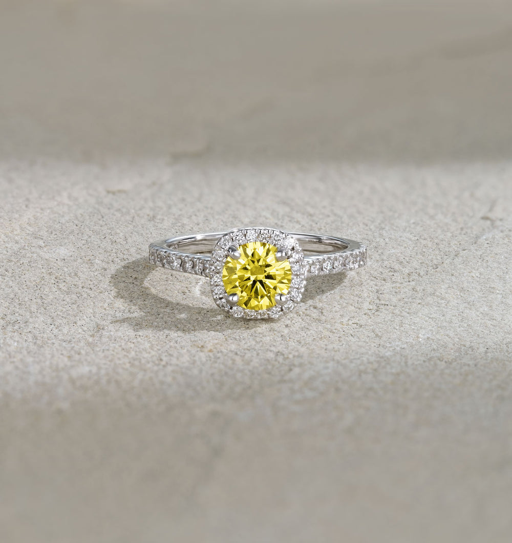 Elizabeth Yellow Lab Diamond 1.70ct Halo Ring in 18K White Gold - Elara Collection