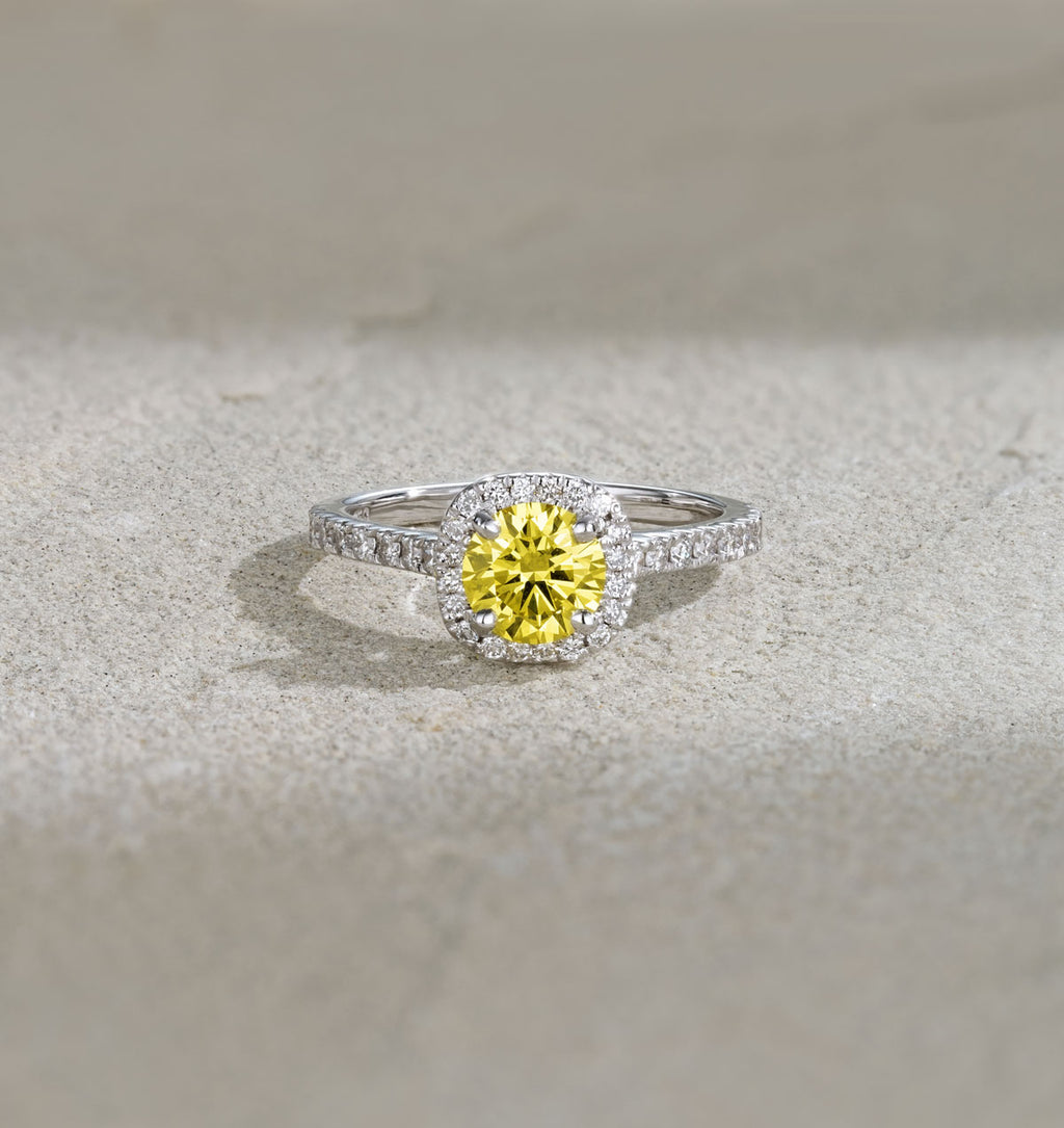 Elizabeth Yellow Lab Diamond 1.70ct Halo Ring in 18K White Gold - Elara Collection